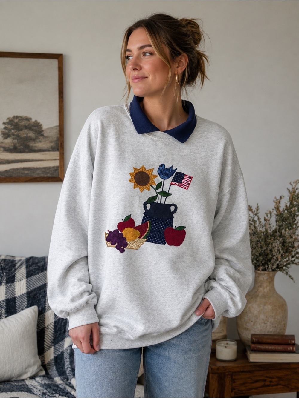Vintage Cottage Core Sweatshirt w/ Navy Collar and Patriotic Fruit Appliqué XL
